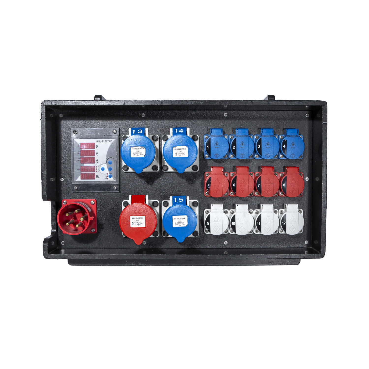 Distro Box 432 Public > 3x232 12x Schuko Digital VA Meter RCD Looped